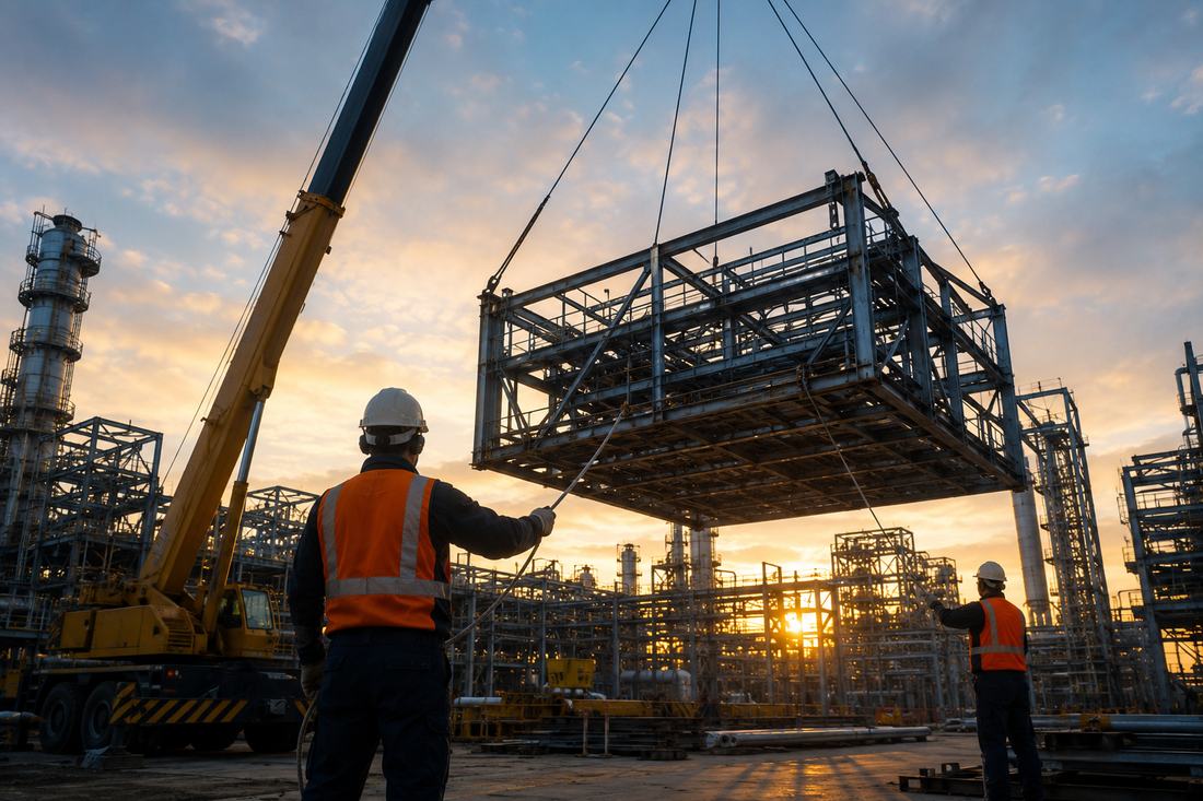 Grúa levantando una estructura de acero durante un montaje industrial