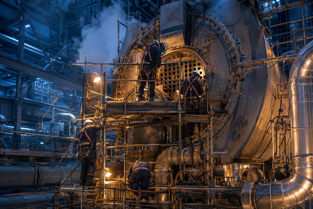 Trabajadores realizando mantención a una caldera industrial
